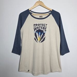 REI Protect our Wild Waters 3/4 sleeve baseball tee Size Large Women Great condi